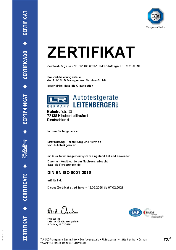 ISO Zertifikat Autotestgeräte Leitenberger
